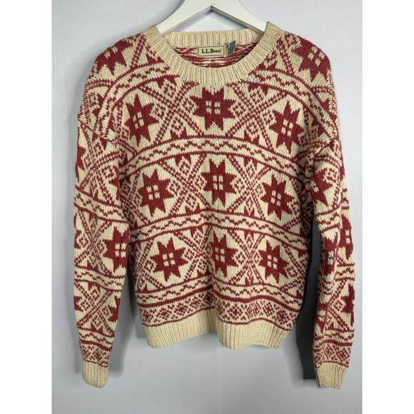 VTG L.L.Bean Pullover Sweater Women’s M Pink Cream Winter Snowflake Nordic Ramie - Picture 1 of 8